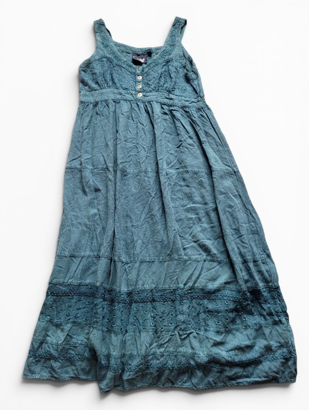 Vintage Coline Embroidered Tiered Boho Maxi Dress Teal Paisley French Large - Picture 3 of 14